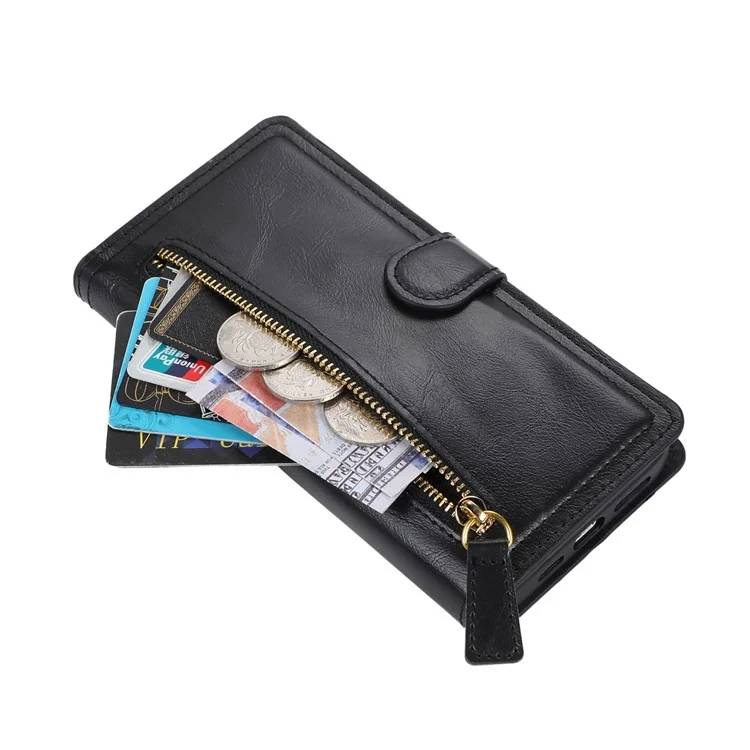 For iPhone 15 Phone Case Wallet Zipper Pocket Shockproof PU Leather Shell Flip Stand Phone Cover - Black