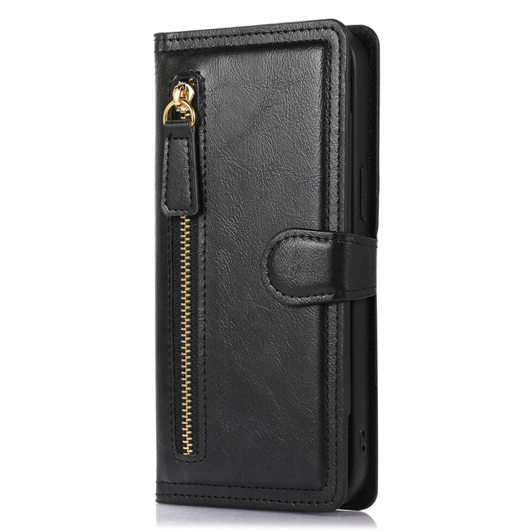 For iPhone 15 Phone Case Wallet Zipper Pocket Shockproof PU Leather Shell Flip Stand Phone Cover - Black