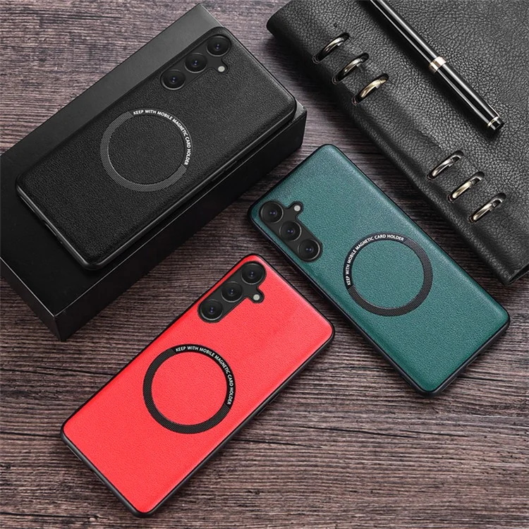 For Samsung Galaxy S23 FE Magnetic Phone Case PU Leather Coated TPU Cover Compatible with MagSafe - Green