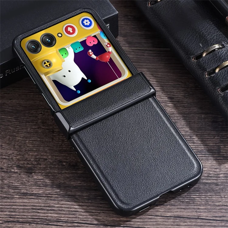 Pour Motorola Razr 40 Ultra 5G Coque de protection de charnière Étui en cuir texturé avec dos en PC - Noir