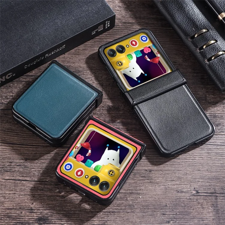 Pour Motorola Razr 40 Ultra 5G Coque de protection de charnière Étui en cuir texturé avec dos en PC - Noir