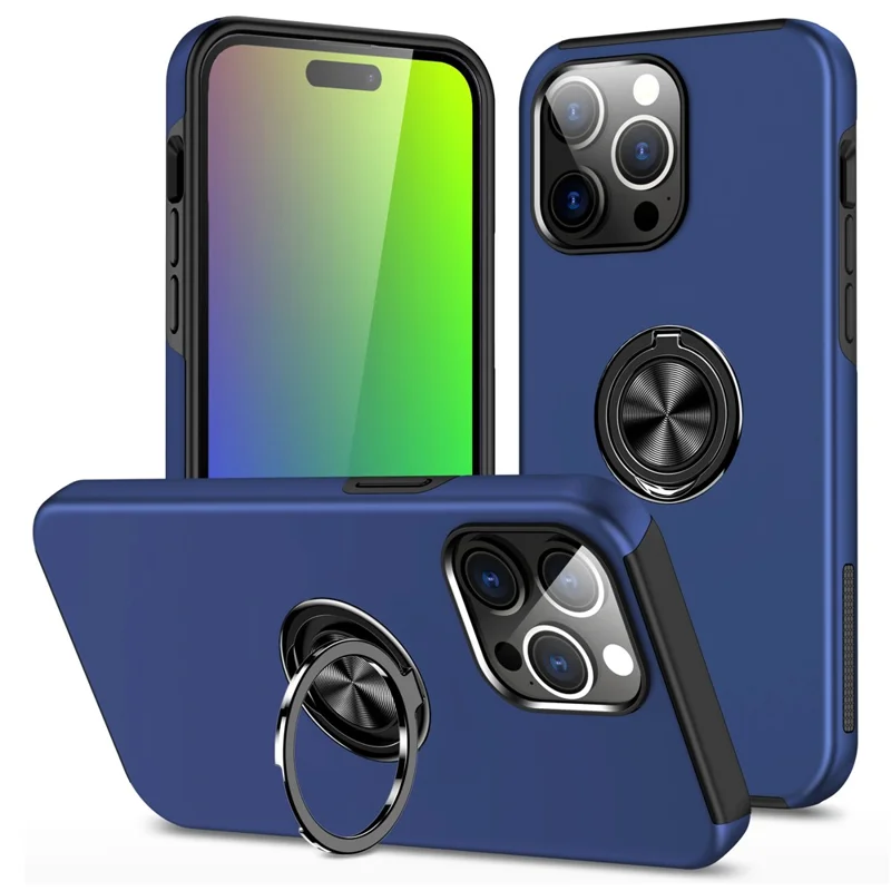 Per iPhone 15 Pro Max Anello da Dito Supporto Telefono Custodia PC+TPU Anti-caduta Back Case - Blu