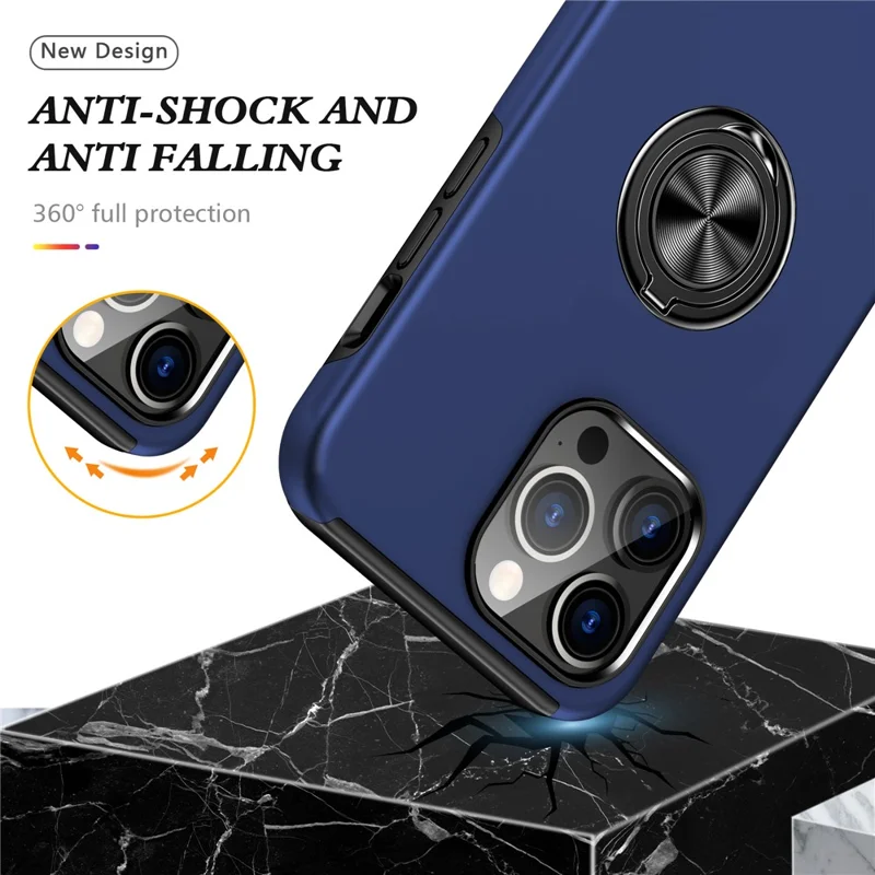Per iPhone 15 Pro Max Anello da Dito Supporto Telefono Custodia PC+TPU Anti-caduta Back Case - Blu