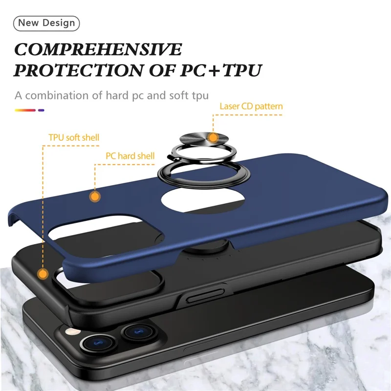 Per iPhone 15 Pro Max Anello da Dito Supporto Telefono Custodia PC+TPU Anti-caduta Back Case - Blu