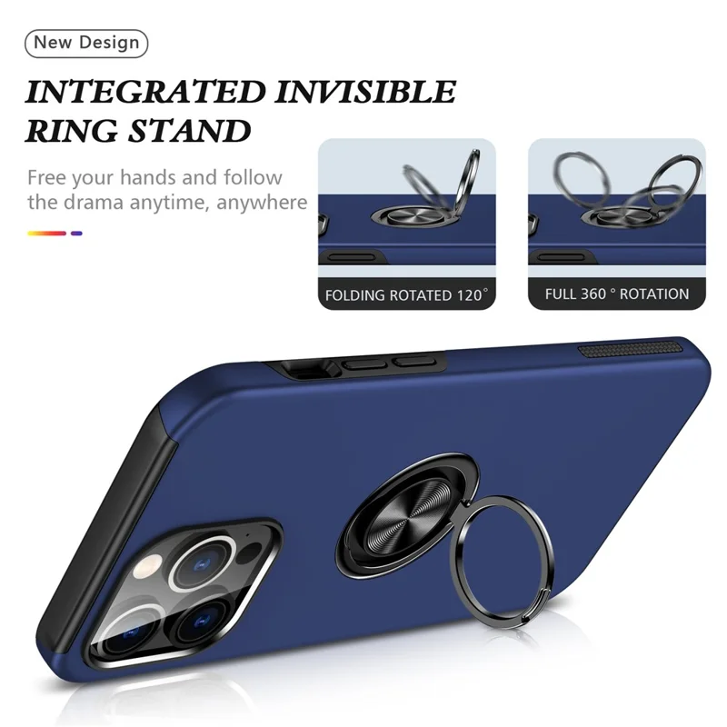 Per iPhone 15 Pro Max Anello da Dito Supporto Telefono Custodia PC+TPU Anti-caduta Back Case - Blu