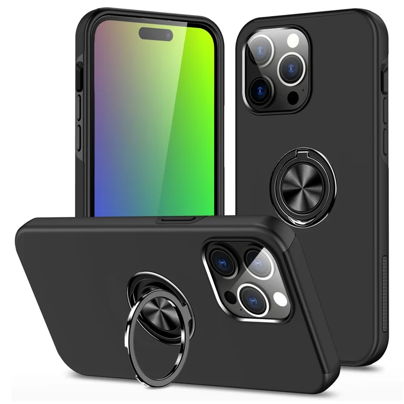 For iPhone 15 Pro Anti-drop Phone Case Ring Holder Kickstand PC+TPU Phone Back Cover - Black