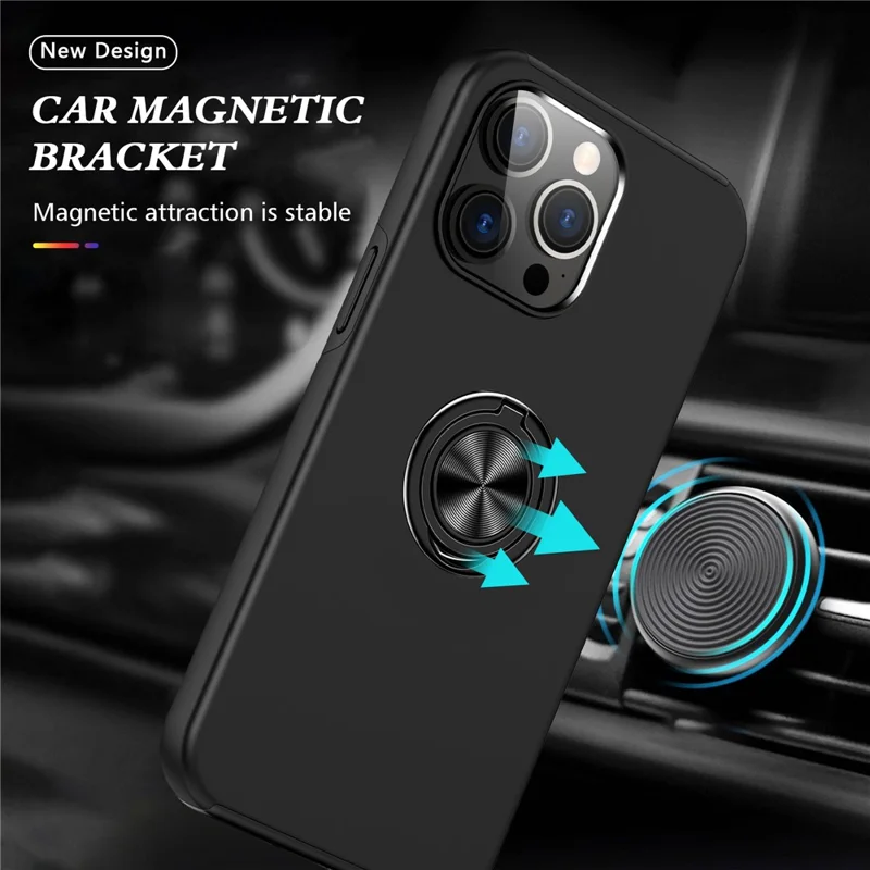 For iPhone 15 Pro Anti-drop Phone Case Ring Holder Kickstand PC+TPU Phone Back Cover - Black