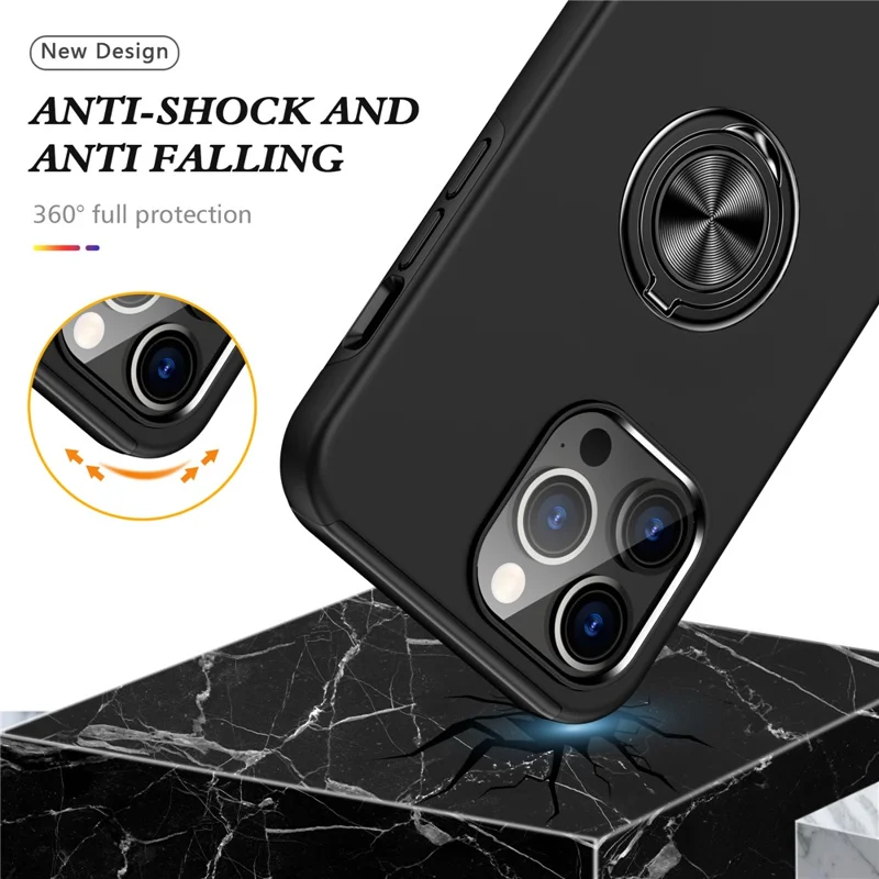 For iPhone 15 Pro Anti-drop Phone Case Ring Holder Kickstand PC+TPU Phone Back Cover - Black