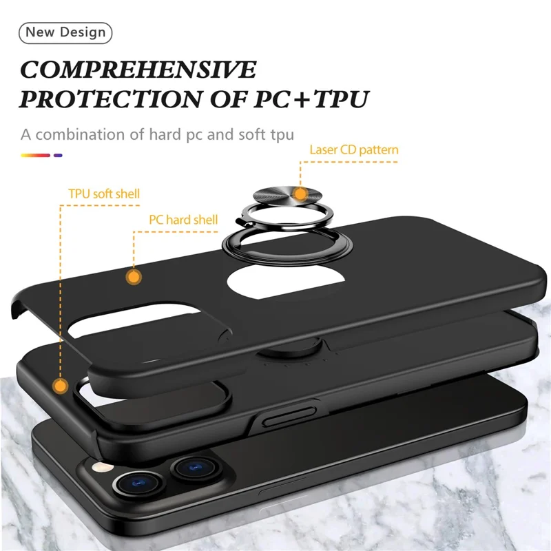 For iPhone 15 Pro Anti-drop Phone Case Ring Holder Kickstand PC+TPU Phone Back Cover - Black