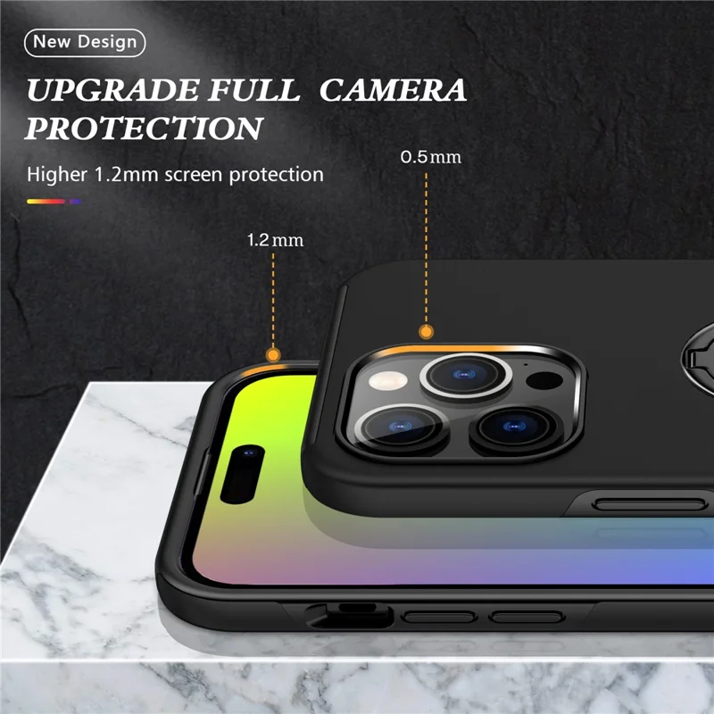 For iPhone 15 Pro Anti-drop Phone Case Ring Holder Kickstand PC+TPU Phone Back Cover - Black