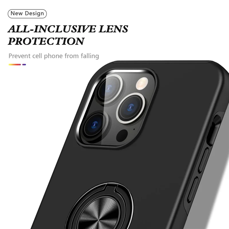 For iPhone 15 Pro Anti-drop Phone Case Ring Holder Kickstand PC+TPU Phone Back Cover - Black