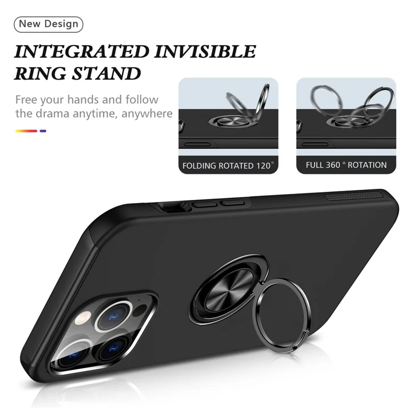 For iPhone 15 Pro Anti-drop Phone Case Ring Holder Kickstand PC+TPU Phone Back Cover - Black