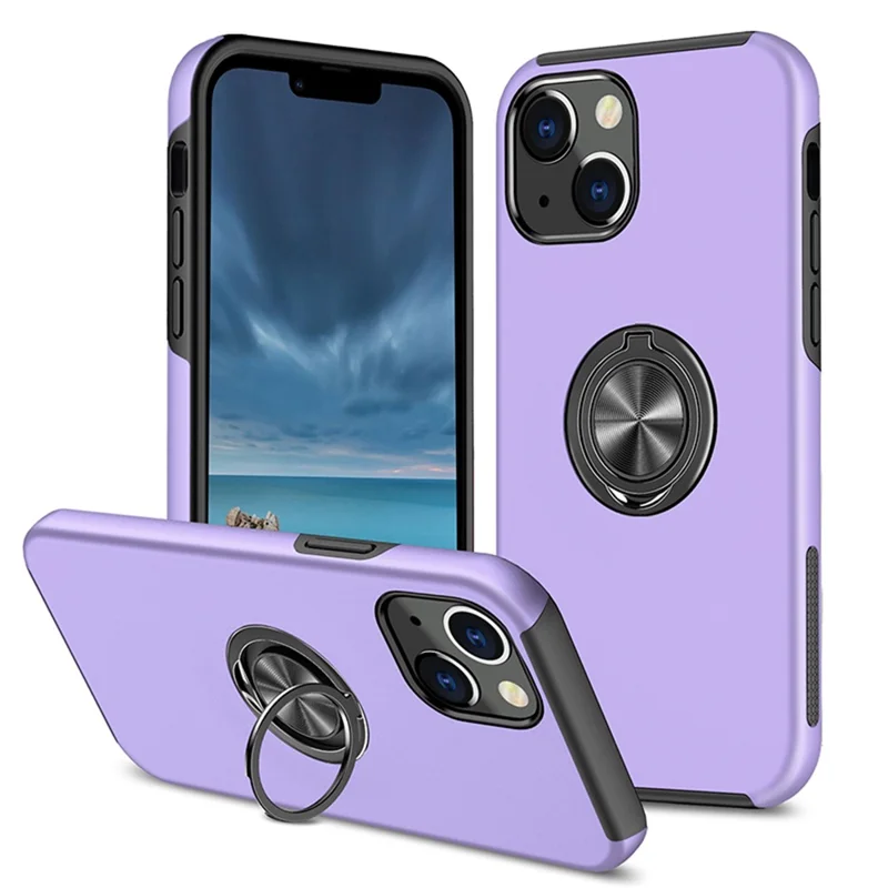 Ring Holder Kickstand PC+TPU Case for iPhone 15 , Drop-proof Protection Phone Cover - Purple