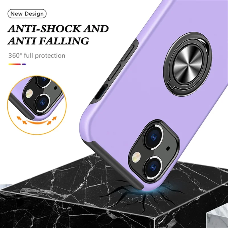 Ring Holder Kickstand PC+TPU Case for iPhone 15 , Drop-proof Protection Phone Cover - Purple