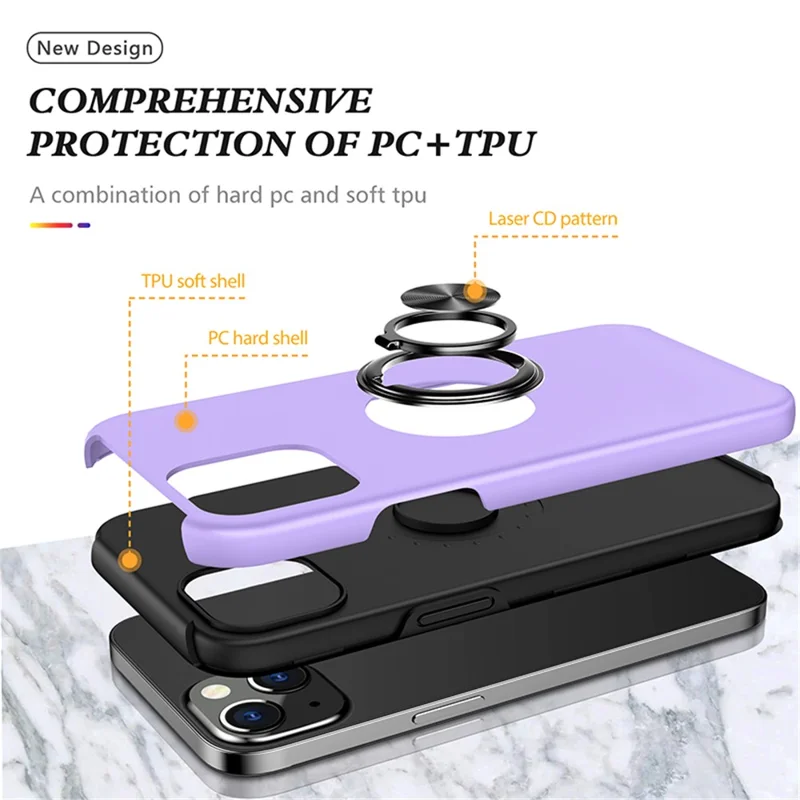 Ring Holder Kickstand PC+TPU Case for iPhone 15 , Drop-proof Protection Phone Cover - Purple