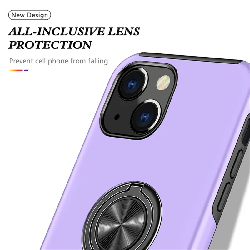 Ring Holder Kickstand PC+TPU Case for iPhone 15 , Drop-proof Protection Phone Cover - Purple