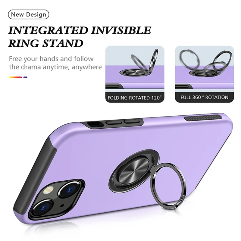 Ring Holder Kickstand PC+TPU Case for iPhone 15 , Drop-proof Protection Phone Cover - Purple