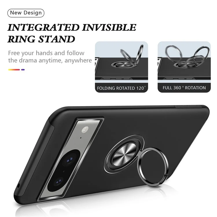 Ring Kickstand Case for Google Pixel 8 , Hard PC+Soft TPU Drop-proof Phone Cover - Black
