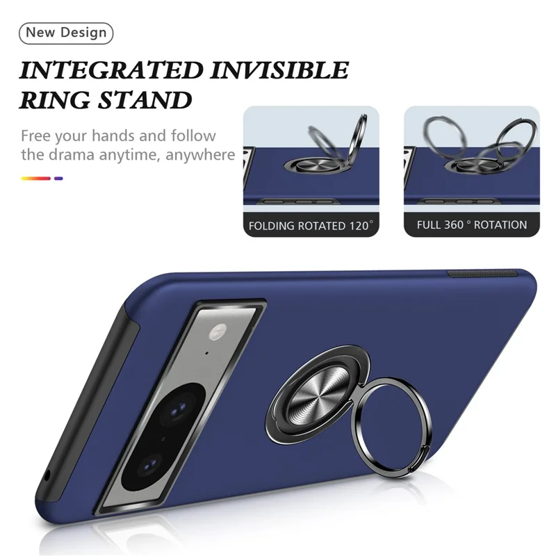 Ring Kickstand Case for Google Pixel 8 , Hard PC+Soft TPU Drop-proof Phone Cover - Blue