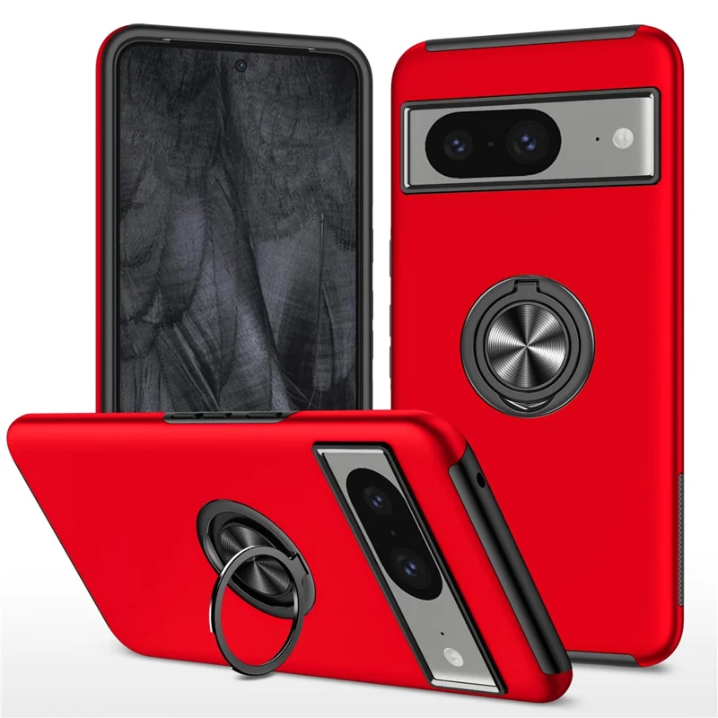 Obudowa z uchwytem pierścieniowym i podstawką do Google Pixel 8, odporna na upadki obudowa z twardego PC i miękkiego TPU - Czerwona