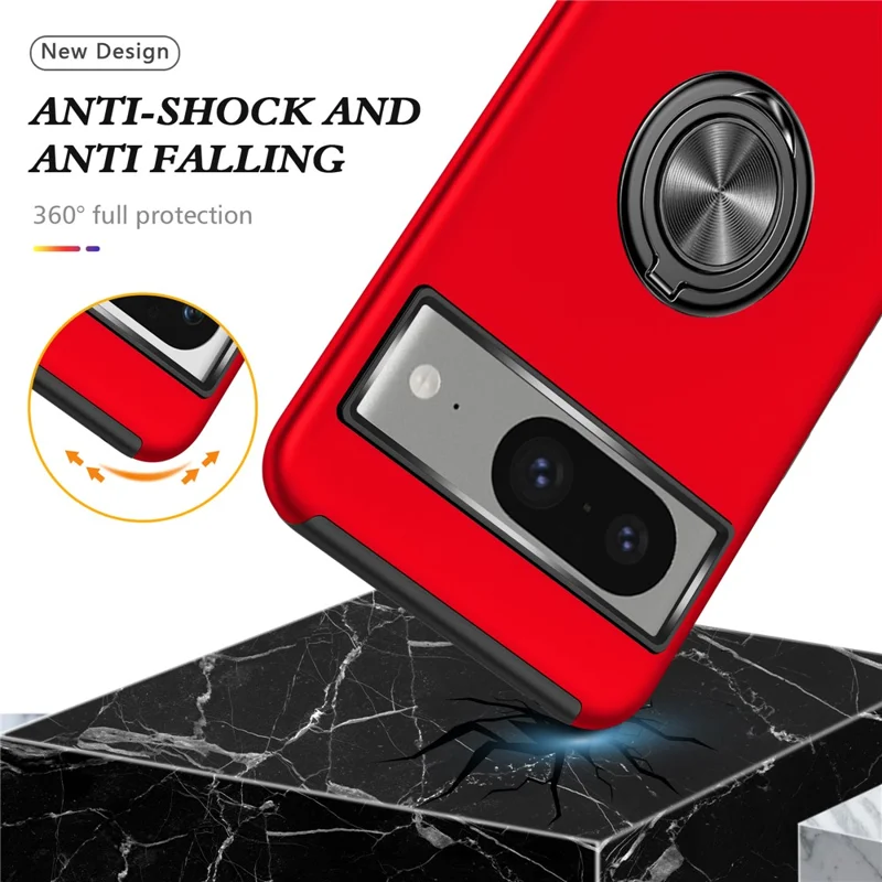 Obudowa z uchwytem pierścieniowym i podstawką do Google Pixel 8, odporna na upadki obudowa z twardego PC i miękkiego TPU - Czerwona