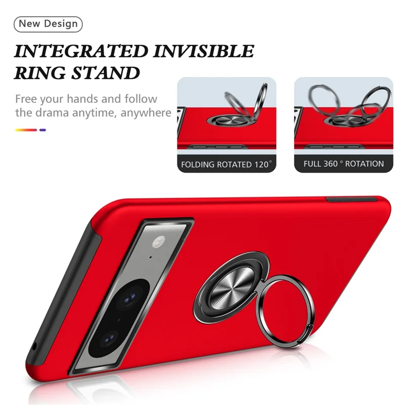 Obudowa z uchwytem pierścieniowym i podstawką do Google Pixel 8, odporna na upadki obudowa z twardego PC i miękkiego TPU - Czerwona