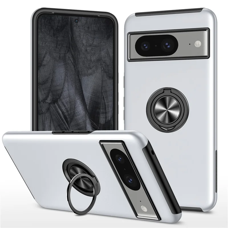 Ring Kickstand Case for Google Pixel 8 , Hard PC+Soft TPU Drop-proof Phone Cover - Silver