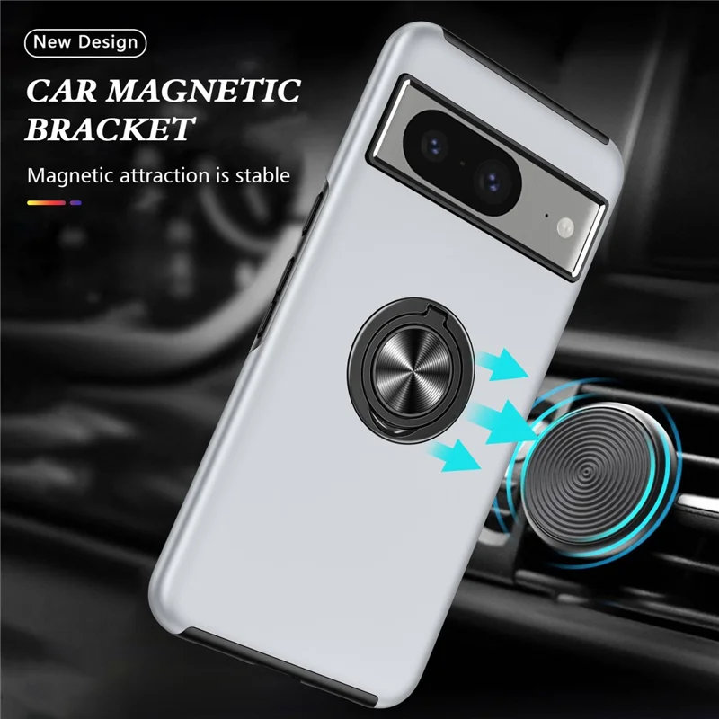 Ring Kickstand Case for Google Pixel 8 , Hard PC+Soft TPU Drop-proof Phone Cover - Silver