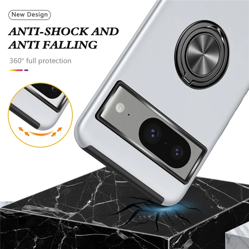 Ring Kickstand Case for Google Pixel 8 , Hard PC+Soft TPU Drop-proof Phone Cover - Silver