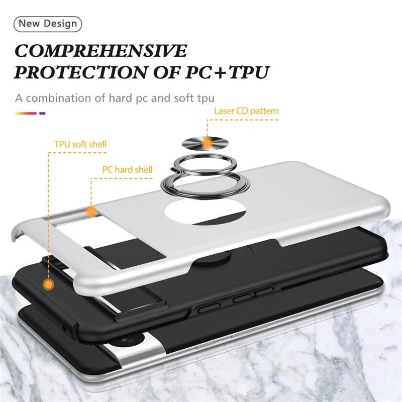 Ring Kickstand Case for Google Pixel 8 , Hard PC+Soft TPU Drop-proof Phone Cover - Silver