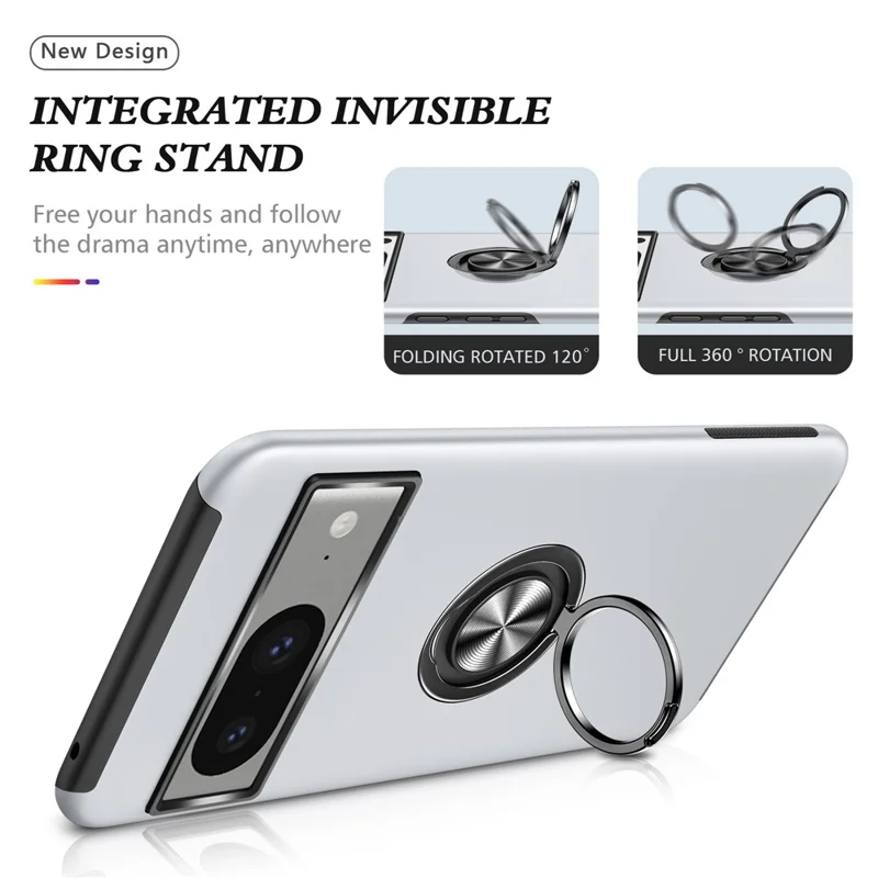 Ring Kickstand Case for Google Pixel 8 , Hard PC+Soft TPU Drop-proof Phone Cover - Silver