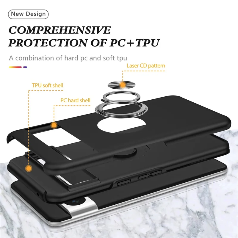 For Google Pixel 8 Pro Phone Case Ring Holder Kickstand Hard PC+Soft TPU Phone Cover - Black