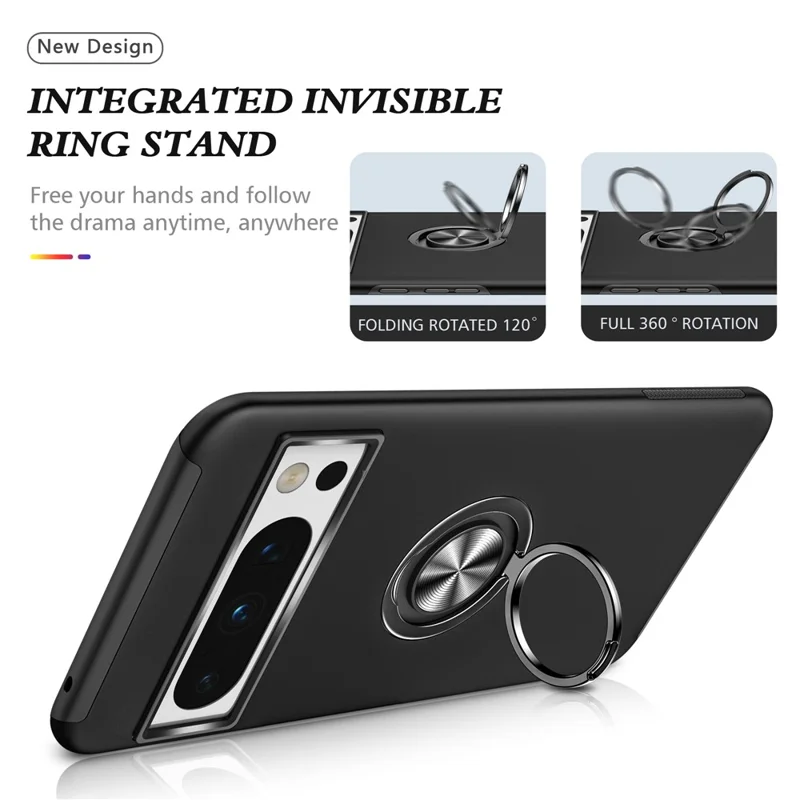 For Google Pixel 8 Pro Phone Case Ring Holder Kickstand Hard PC+Soft TPU Phone Cover - Black