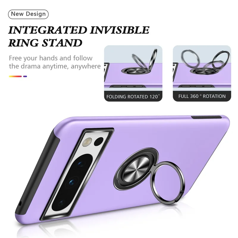 For Google Pixel 8 Pro Phone Case Ring Holder Kickstand Hard PC+Soft TPU Phone Cover - Purple