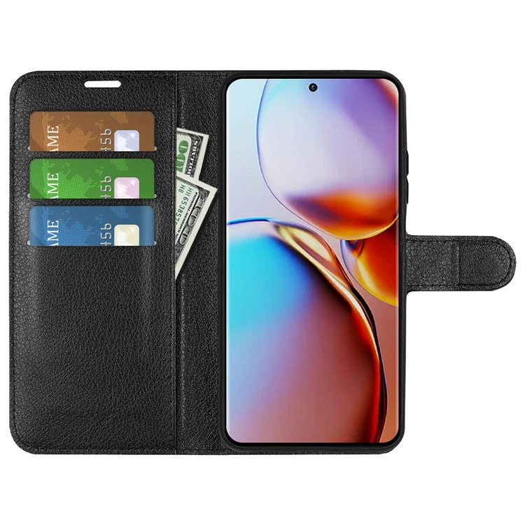 Für Motorola Moto X40 5G / Edge 40 Pro 5G Litchi-Textur Anti-Kratzer-Hülle mit Ständer PU-Leder-Brieftasche Cover - Schwarz
