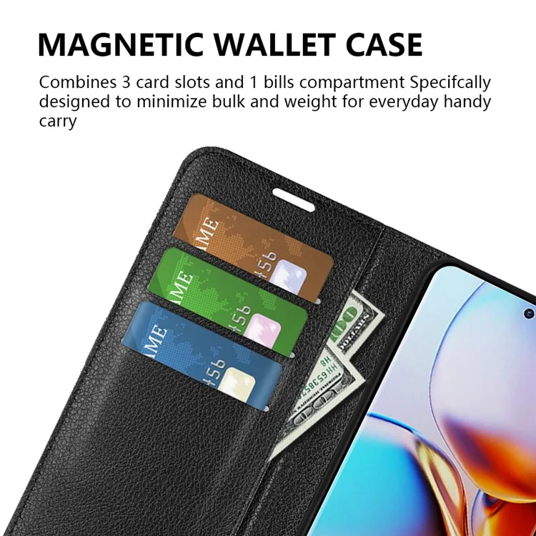 Für Motorola Moto X40 5G / Edge 40 Pro 5G Litchi-Textur Anti-Kratzer-Hülle mit Ständer PU-Leder-Brieftasche Cover - Schwarz