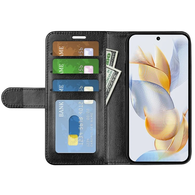 For Honor 90 Pro Crazy Horse Texture Phone Wallet Case PU Leather Anti-scratch Stand Cover - Black