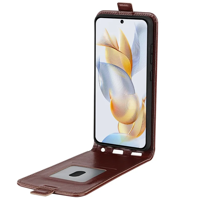 For Honor 90 Pro PU Leather Phone Case with Card Holder Vertical Flip Protective Phone Cover - Brown