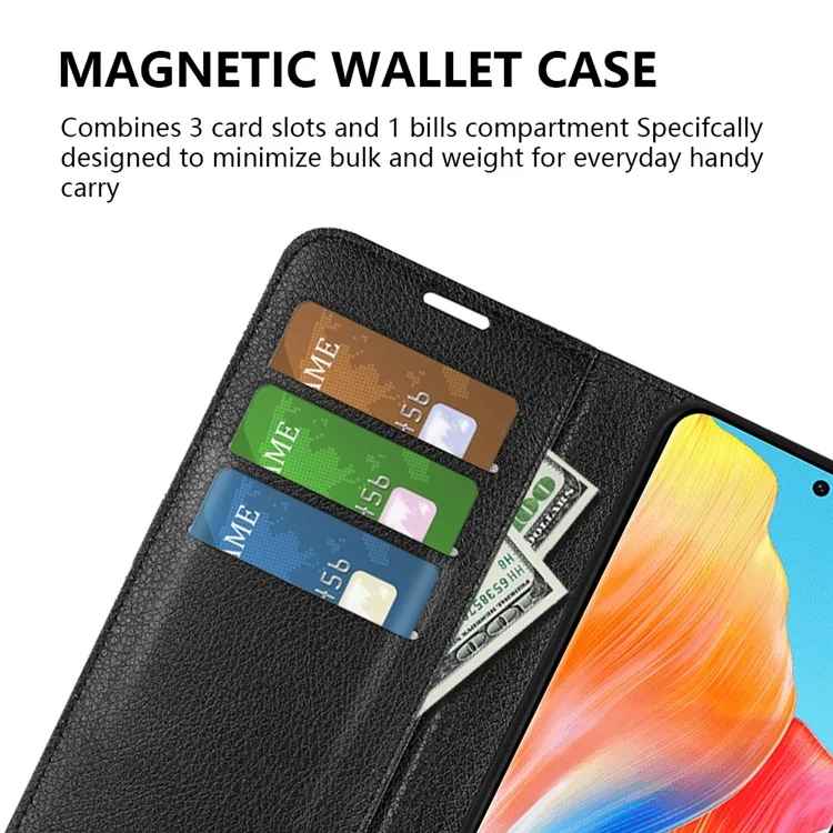 Per Oppo A1 5G / A98 5G Litchi Texture Phone Stand Cover Custodia Portafoglio in Pelle PU - Nero