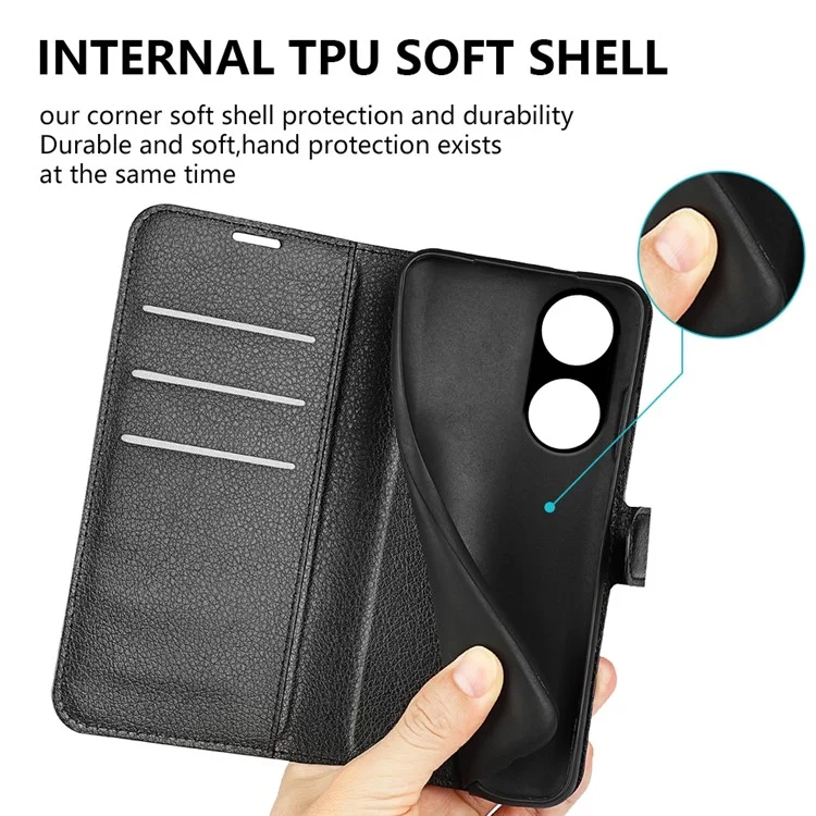Per Oppo A1 5G / A98 5G Litchi Texture Phone Stand Cover Custodia Portafoglio in Pelle PU - Nero