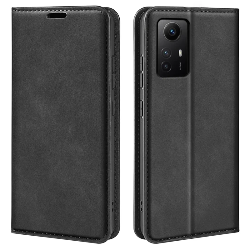 Stand Cover for Xiaomi Redmi Note 12S 4G , Skin-touch Flip Case PU Leather Wallet Smartphone Shell - Black