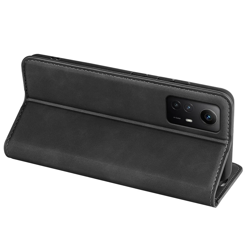Stand Cover for Xiaomi Redmi Note 12S 4G , Skin-touch Flip Case PU Leather Wallet Smartphone Shell - Black