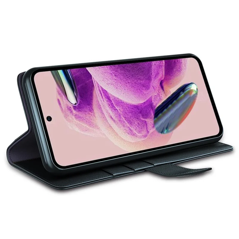 For Xiaomi Redmi Note 12S 4G Case Genuine Split Leather Phone Cover with Wallet Stand - Black