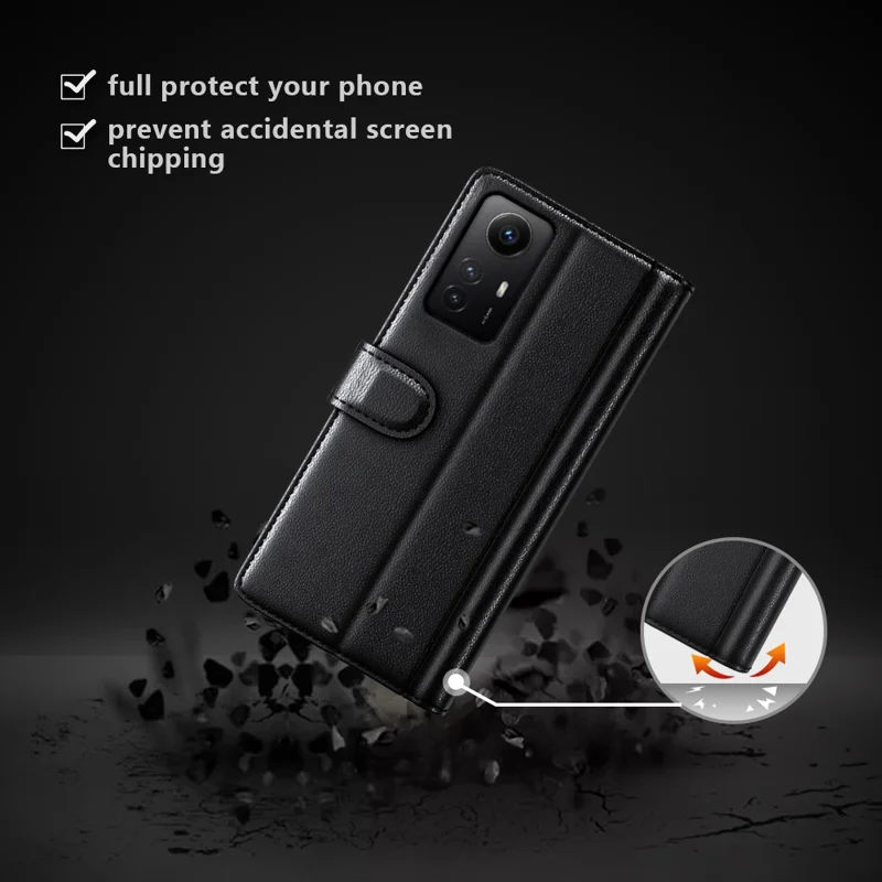For Xiaomi Redmi Note 12S 4G Case Genuine Split Leather Phone Cover with Wallet Stand - Black