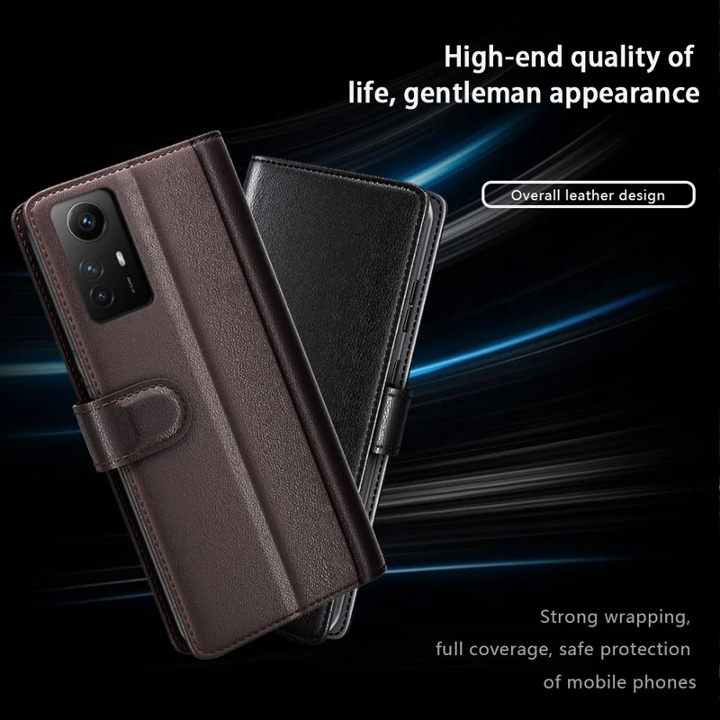 For Xiaomi Redmi Note 12S 4G Case Genuine Split Leather Phone Cover with Wallet Stand - Black