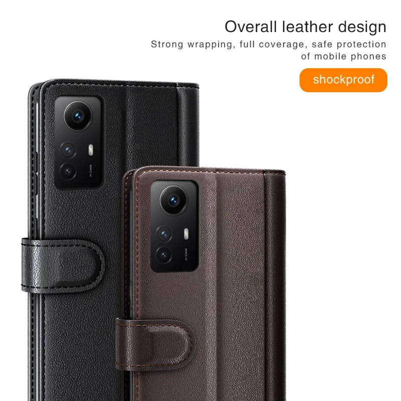 For Xiaomi Redmi Note 12S 4G Case Genuine Split Leather Phone Cover with Wallet Stand - Black