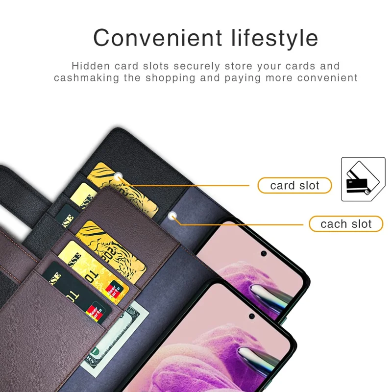 For Xiaomi Redmi Note 12S 4G Case Genuine Split Leather Phone Cover with Wallet Stand - Black