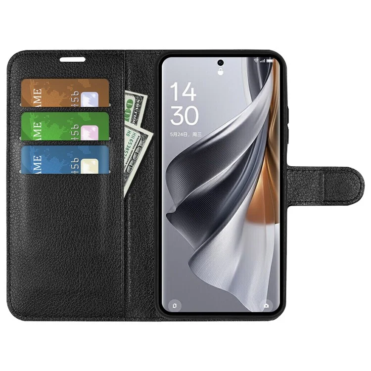 Litchi Textur PU-Leder-Handyhülle für Oppo Reno10 5G (Global) Geldbörse, Ständer, Schutzhülle - Schwarz