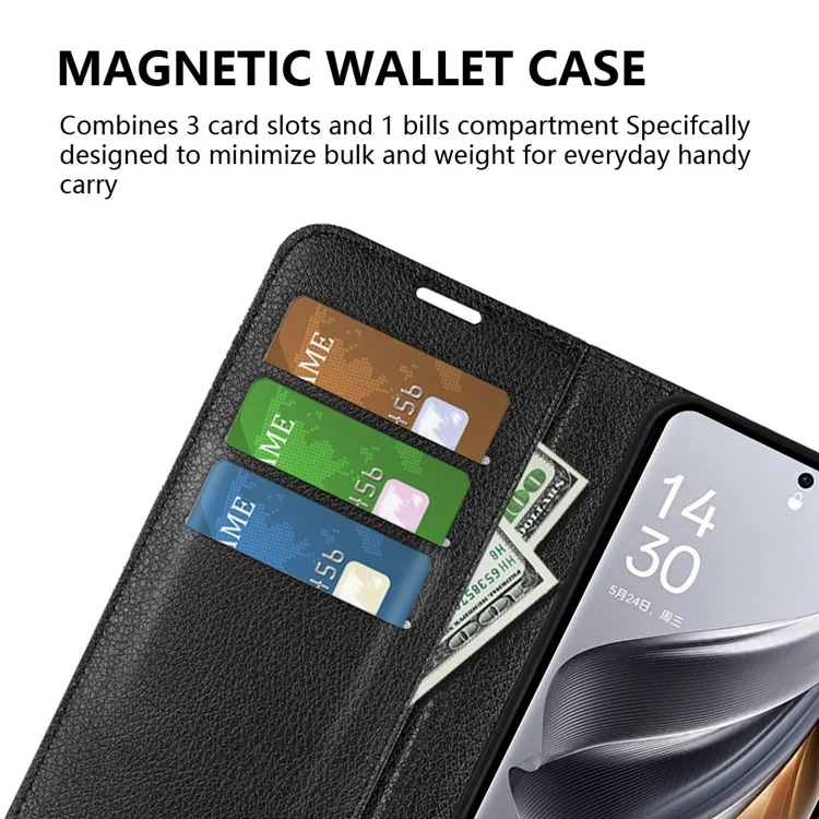 Litchi Textur PU-Leder-Handyhülle für Oppo Reno10 5G (Global) Geldbörse, Ständer, Schutzhülle - Schwarz