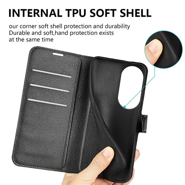 Litchi Textur PU-Leder-Handyhülle für Oppo Reno10 5G (Global) Geldbörse, Ständer, Schutzhülle - Schwarz
